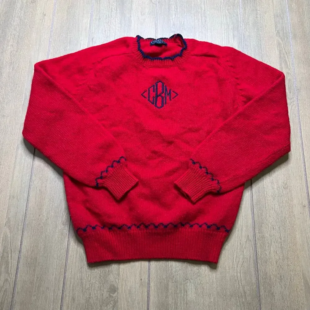 Vintage Lands’ End Red Wool Sweater Womens M Monogram CBM USA‎ Classic 90s